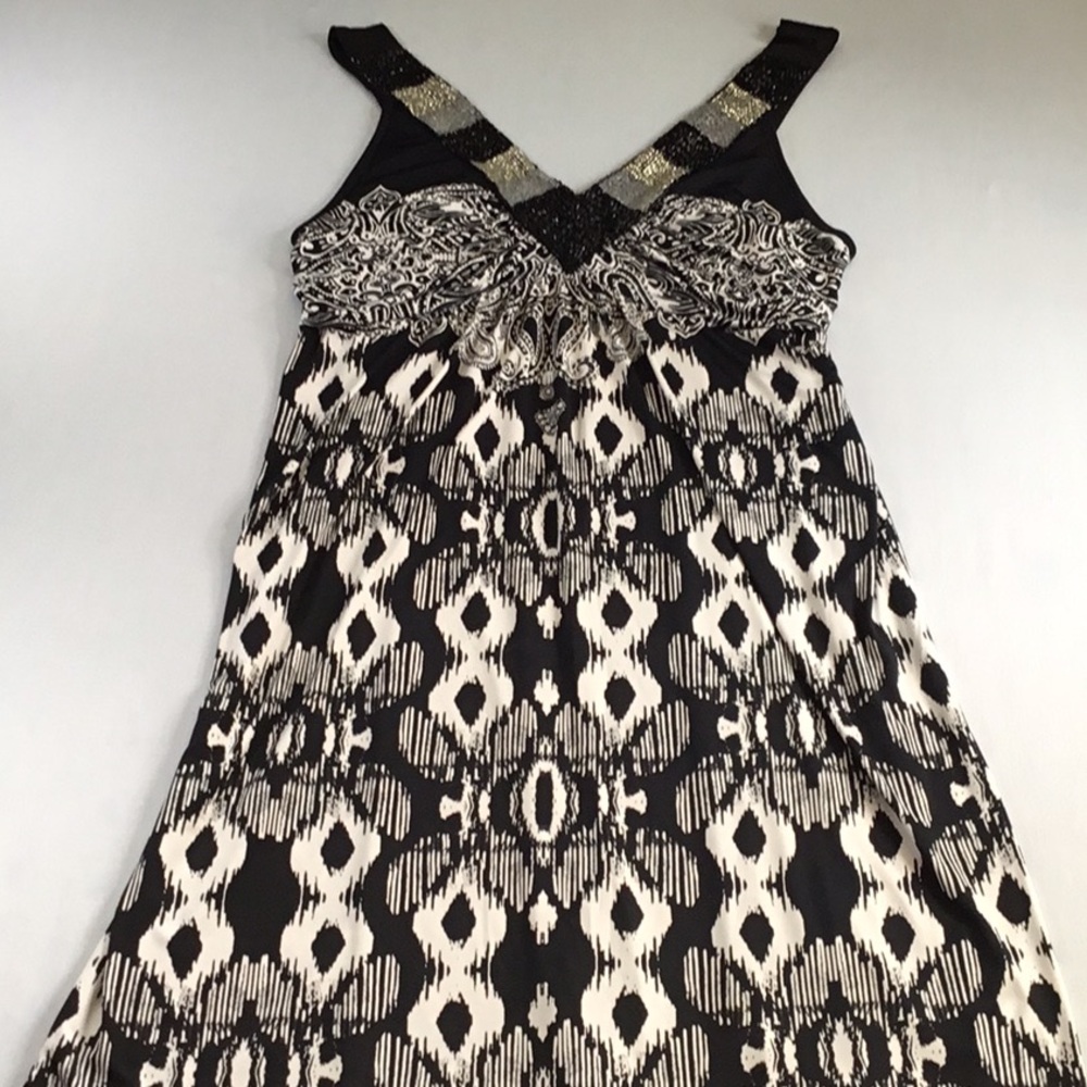 Style&Co Party Dress SizeXL BlackWhite Abstract Print Boho Beaded V Neck Strappy